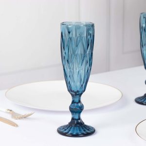 6-Pack Crystal Cut Champagne Flute Glasses 6oz Textured Design Transparent Ocean Blue 8" - Wine Goblets for Toasts & Celebrations